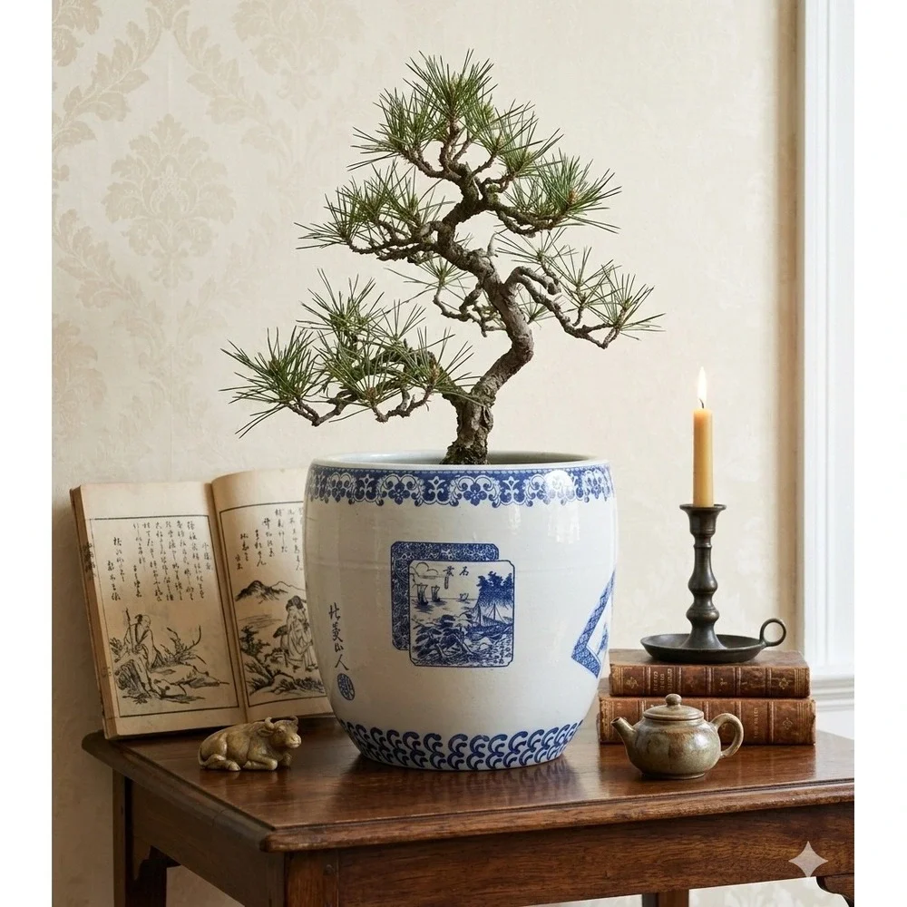 Vintage Japanese Blue and White Ceramic Planter Mount‎ Fuji Landscape Fishbowl